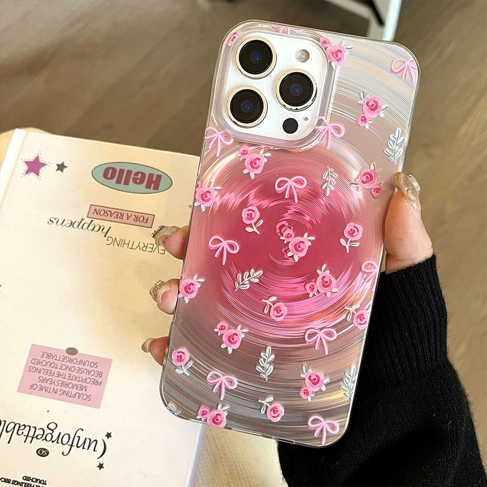 Romantic Pink Rose iPhone Case with 3D Floral & Bow Design, Glossy Swirl Effect, Cute & Protective Cover for Girls and Women