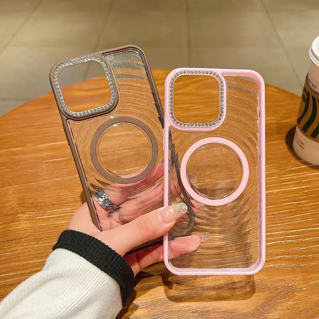 Wholesale Phone Cases Customizable Factory Direct Glitter Clear Magnetic Phone Case with Rhinestone Camera Ring for iPhone Shockproof Bling Cover