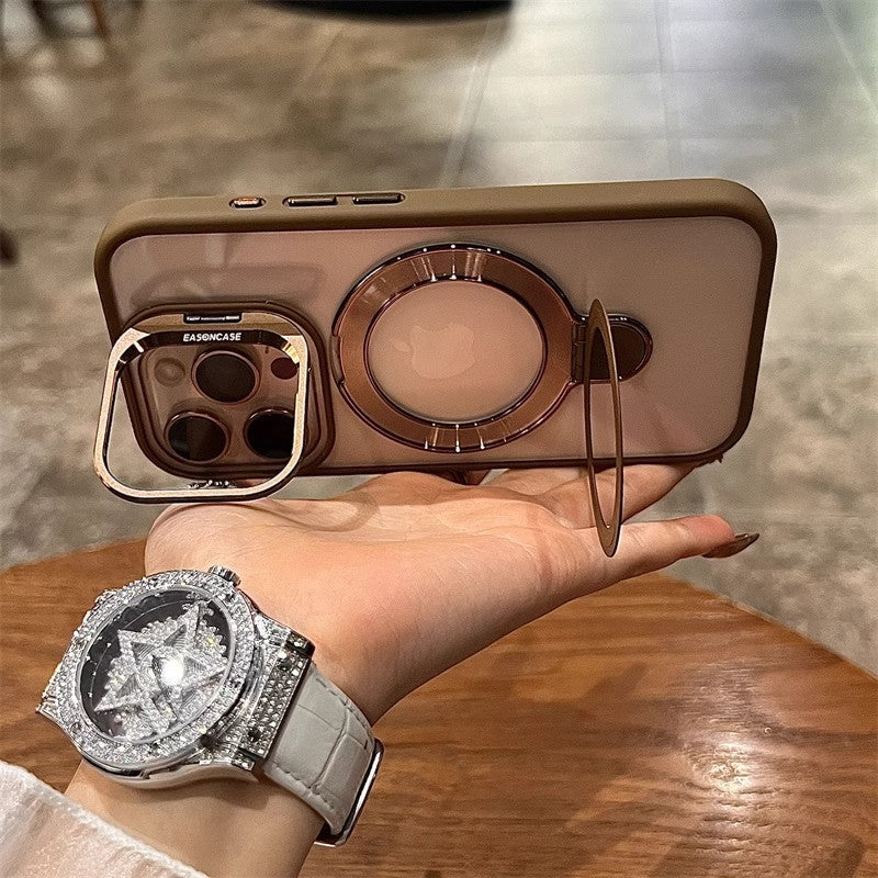 u7 Elegant Coffee Matte iPhone 17 Series Case with Camera Stand and Magnetic Ring Holder – Smooth Touch Premium Look