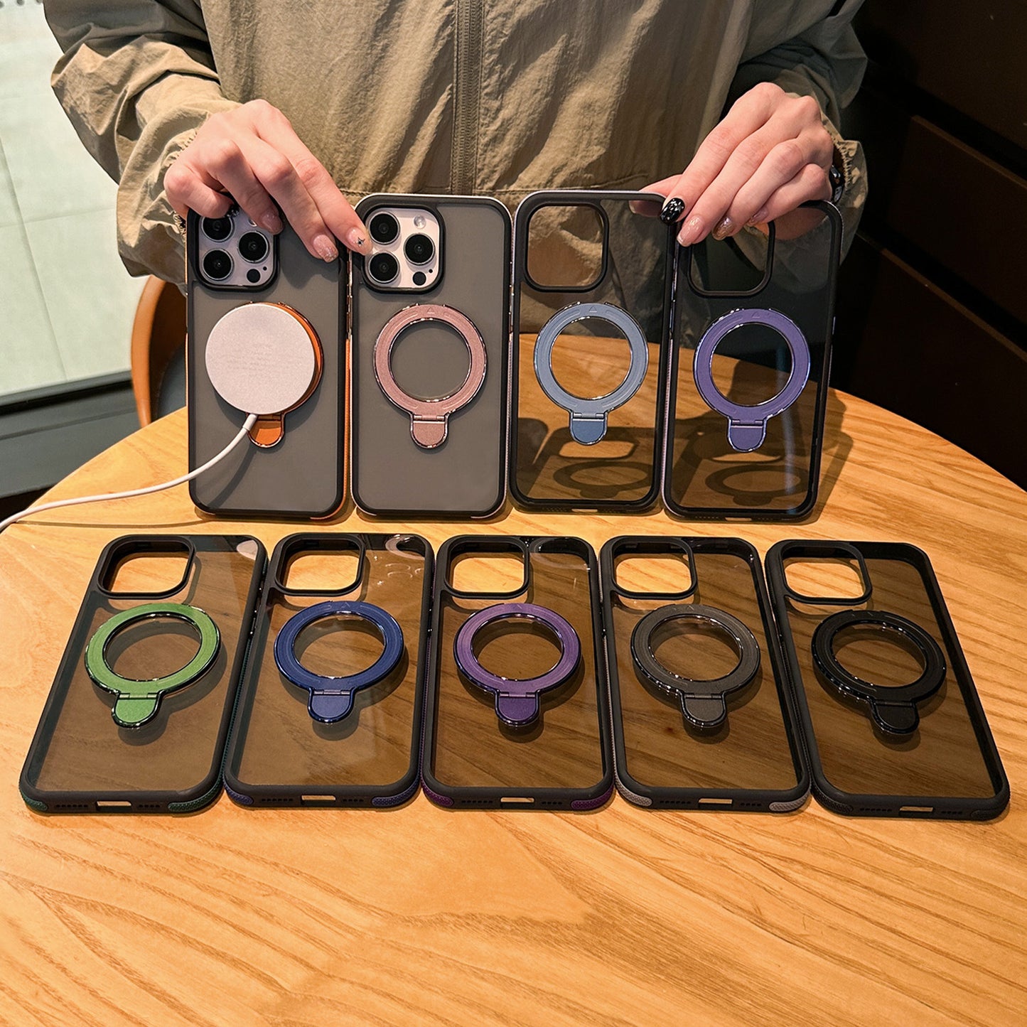 Shockproof Matte Magnetic Case for iPhone 17 Series with 360° Foldable Ring Kickstand and Color Edge Soft Frame