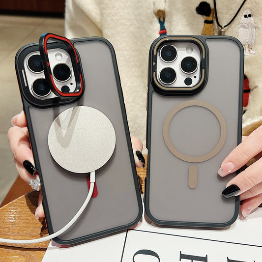 C6 MagSafe Magnetic Case for iPhone 17 17 Pro 17 Pro Max – Matte Frosted Shockproof Cover with Camera Ring Stand and Contrast Edge Design