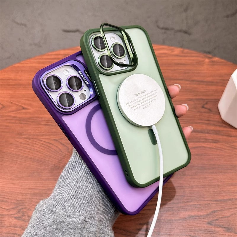 3-in-1 Magnetic TPU+PC Case for iPhone 17 Series with Camera Stand Protector, Matte Finish, and Anti-Fall Soft Edge Frame