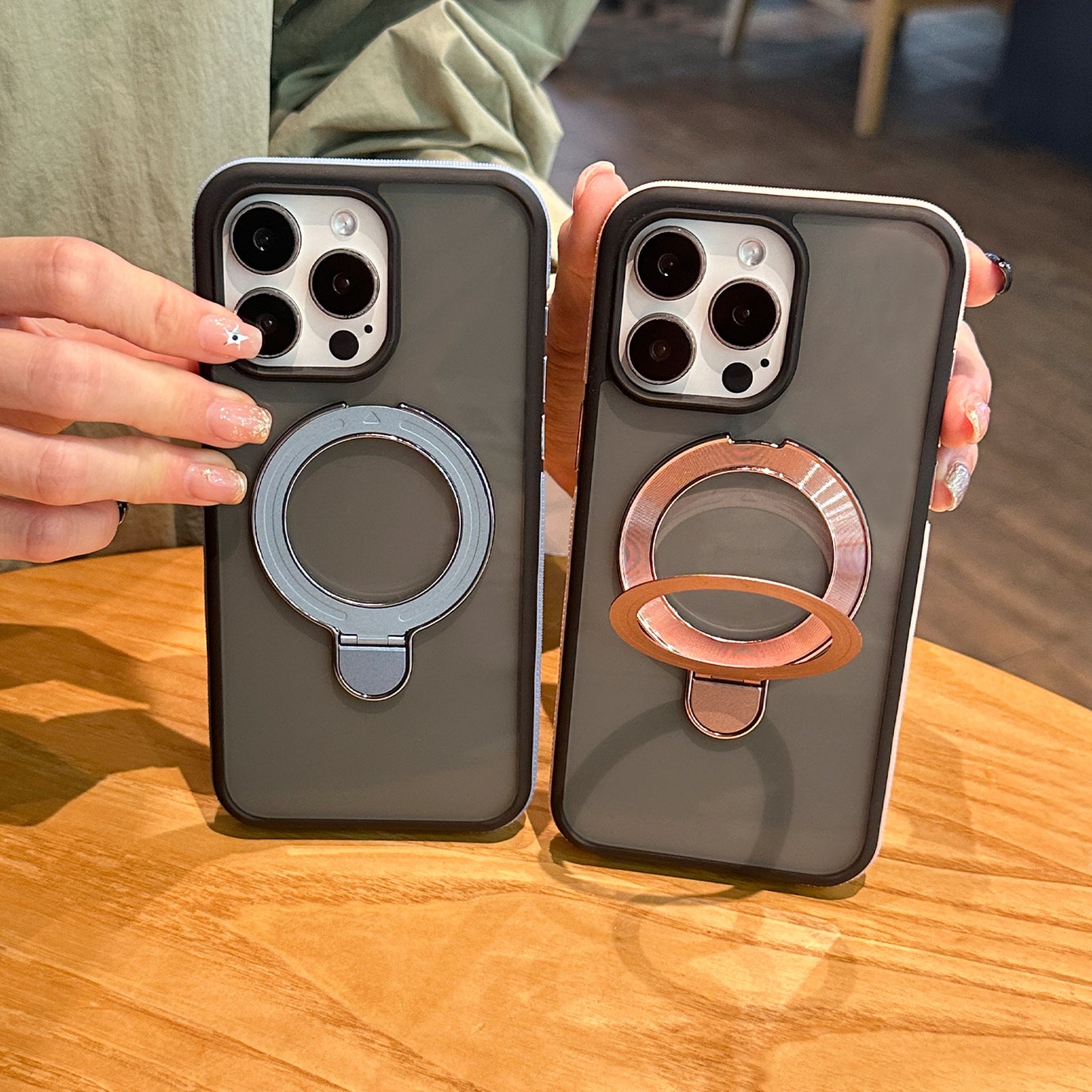 Shockproof Matte Magnetic Case for iPhone 17 Series with 360° Foldable Ring Kickstand and Color Edge Soft Frame