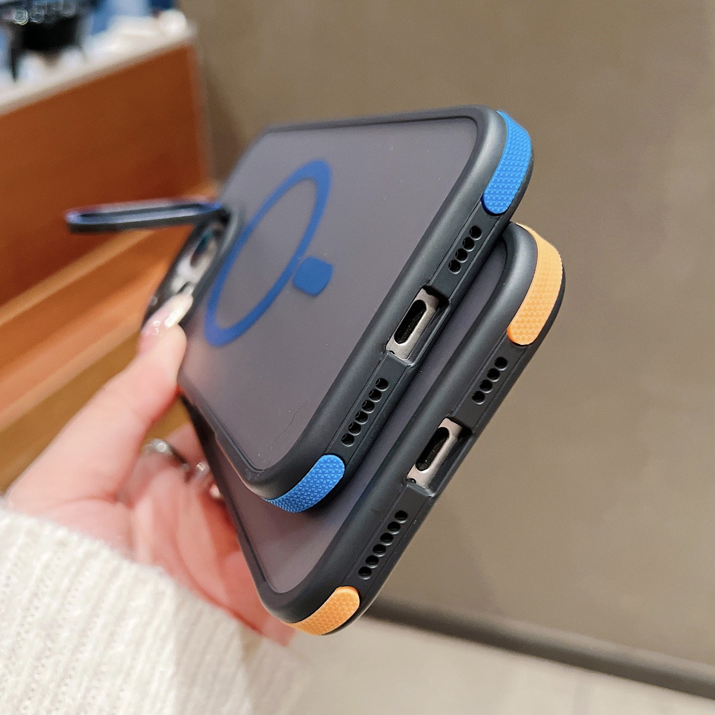 C6 MagSafe Magnetic Case for iPhone 17 17 Pro 17 Pro Max – Matte Frosted Shockproof Cover with Camera Ring Stand and Contrast Edge Design