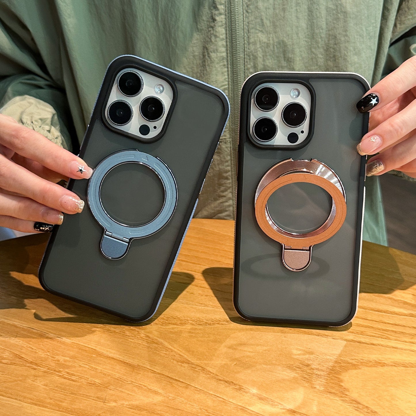 Shockproof Matte Magnetic Case for iPhone 17 Series with 360° Foldable Ring Kickstand and Color Edge Soft Frame