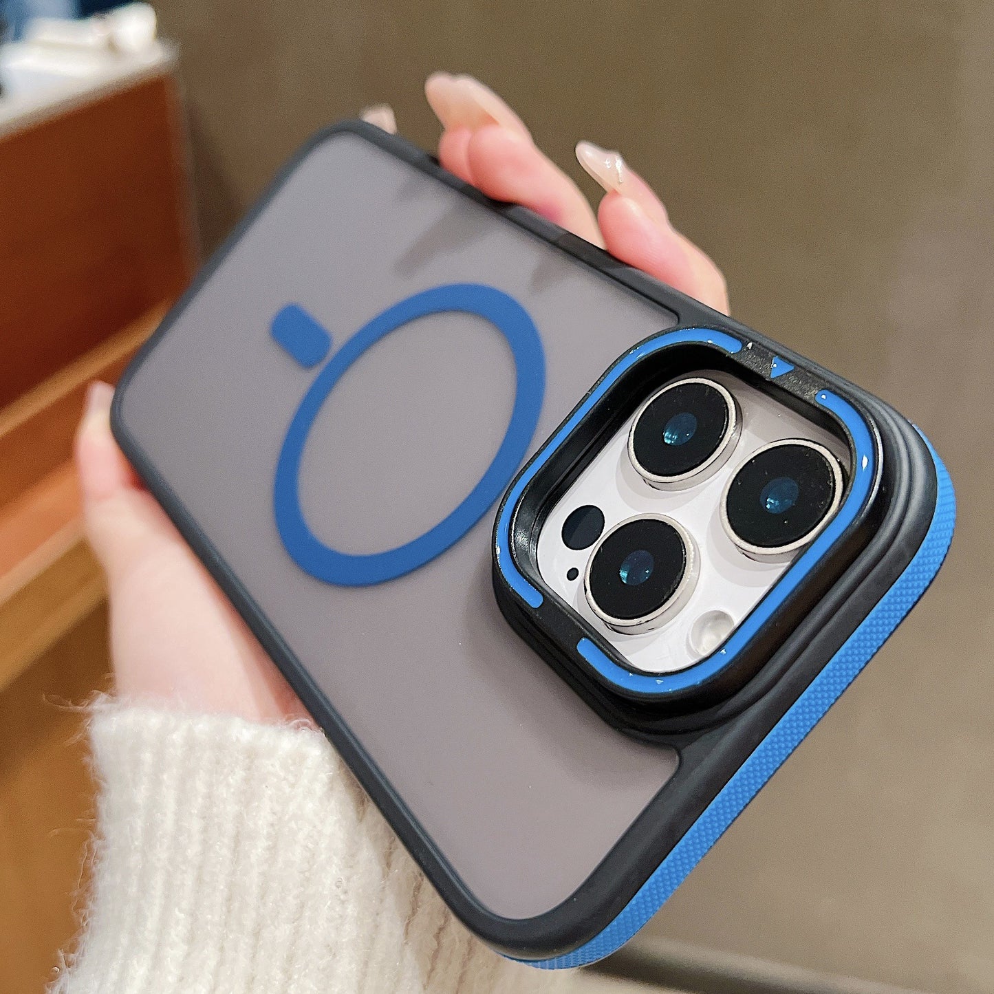 C6 MagSafe Magnetic Case for iPhone 17 17 Pro 17 Pro Max – Matte Frosted Shockproof Cover with Camera Ring Stand and Contrast Edge Design