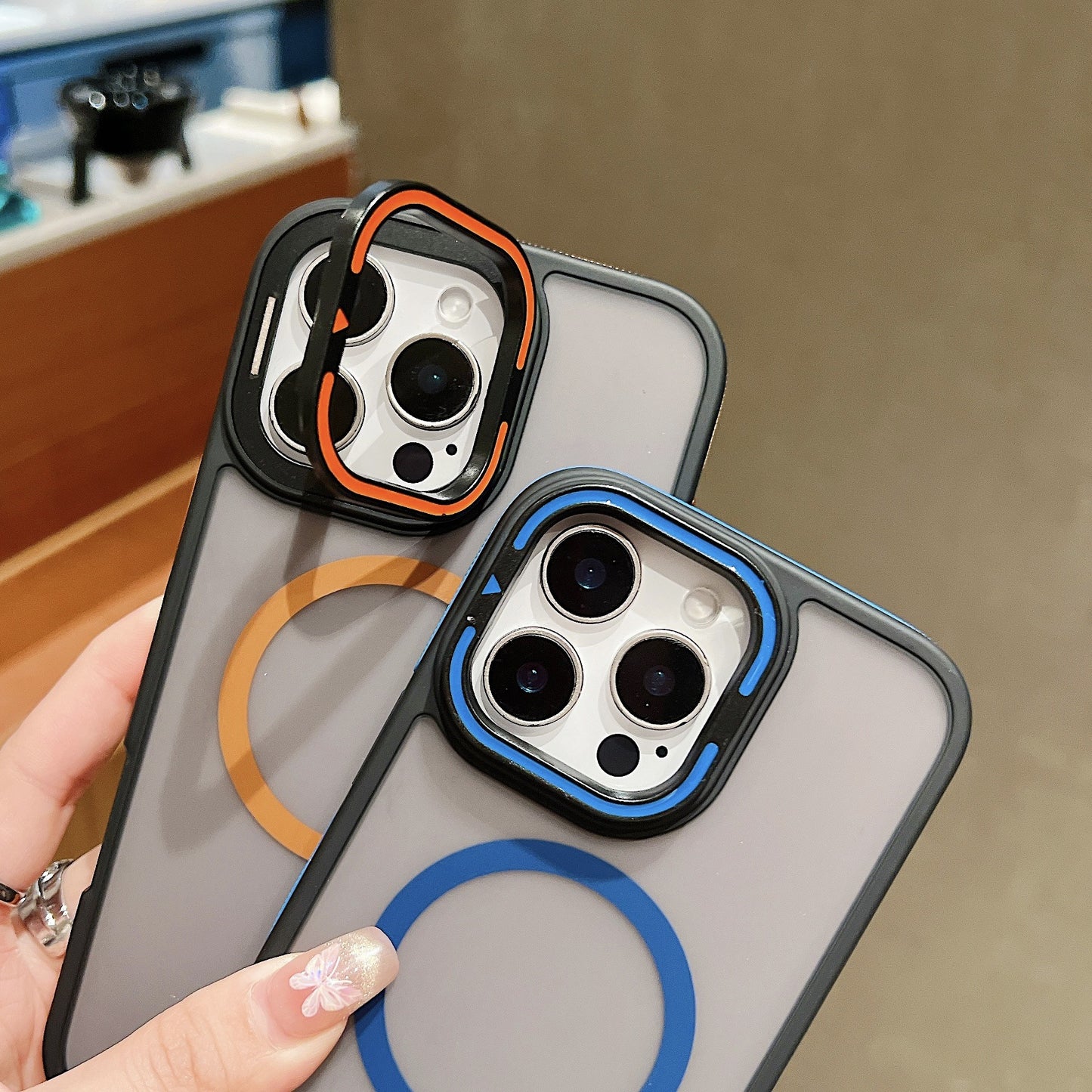 C6 MagSafe Magnetic Case for iPhone 17 17 Pro 17 Pro Max – Matte Frosted Shockproof Cover with Camera Ring Stand and Contrast Edge Design