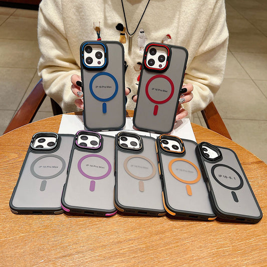 C6 MagSafe Magnetic Case for iPhone 17 17 Pro 17 Pro Max – Matte Frosted Shockproof Cover with Camera Ring Stand and Contrast Edge Design