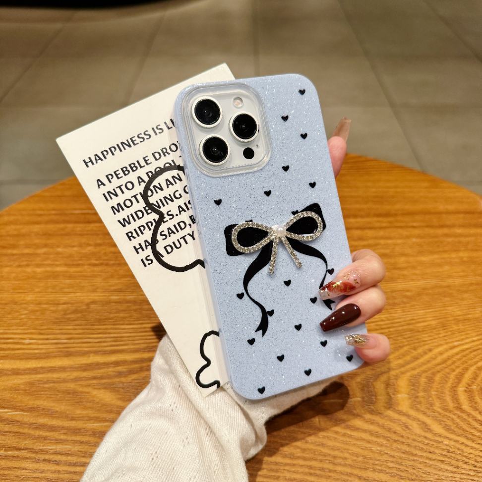 Glitter Bowknot iPhone Case Luxury Sparkle Design with Heart Patterns Soft Protective Cover for Girls & Women