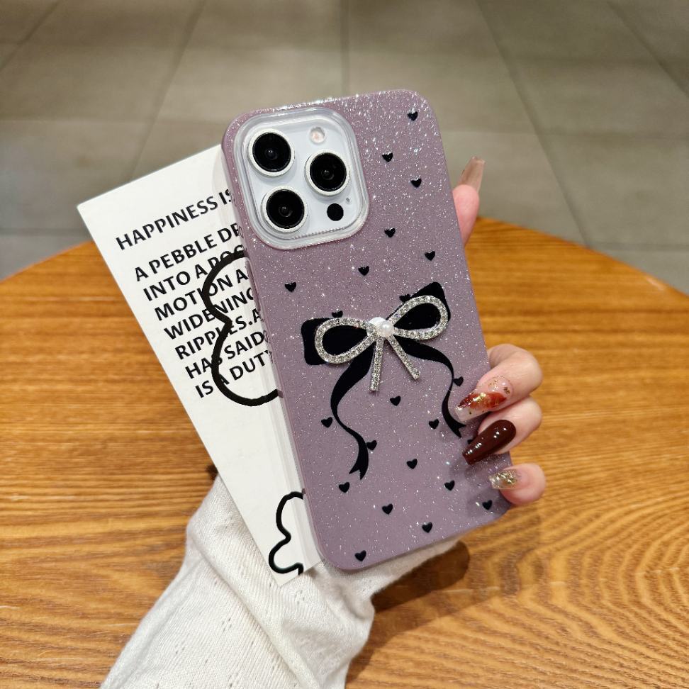 Glitter Bowknot iPhone Case Luxury Sparkle Design with Heart Patterns Soft Protective Cover for Girls & Women