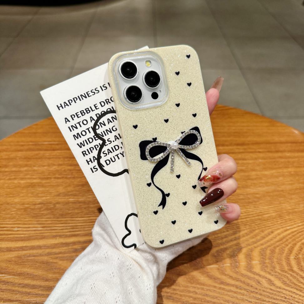 Glitter Bowknot iPhone Case Luxury Sparkle Design with Heart Patterns Soft Protective Cover for Girls & Women