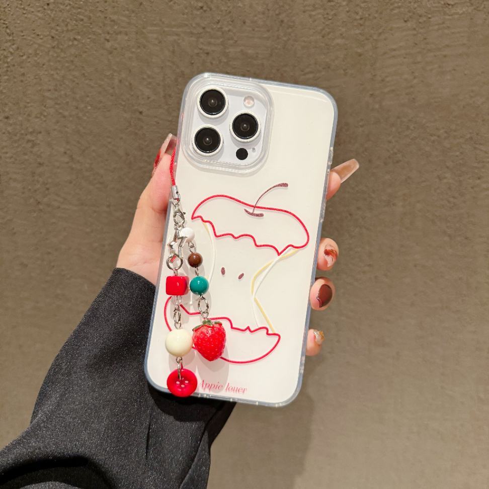 Cute Apple Core iPhone Case with Beaded Strap, Kawaii Fruit Design, Soft Glitter Protective Cover for Girls & Women