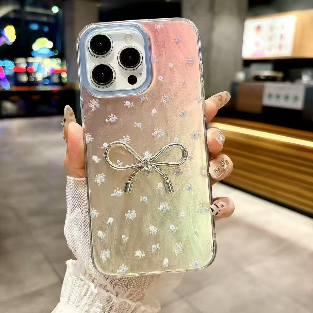 Elegant Bowknot Design Glossy Hand-Painted Style Floral  Pastel Aesthetic IMD Phone Case