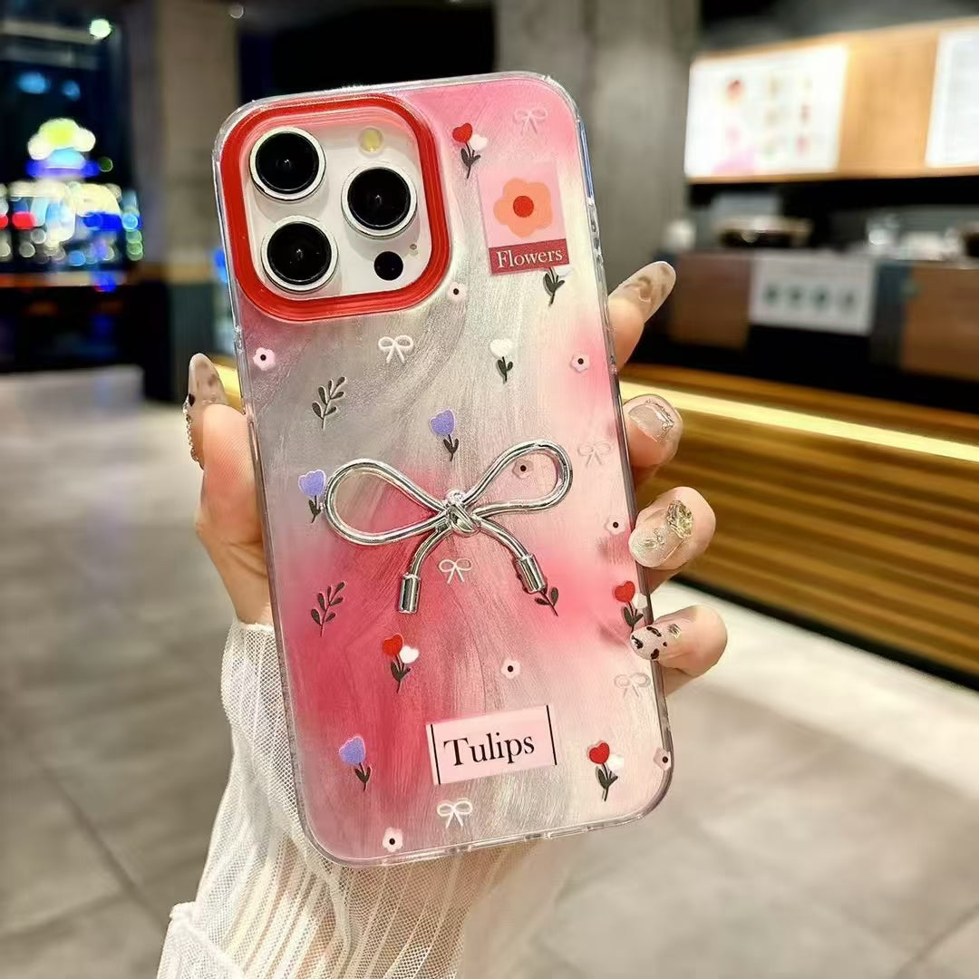 Elegant Bowknot Design Glossy Hand-Painted Style Floral  Pastel Aesthetic IMD Phone Case