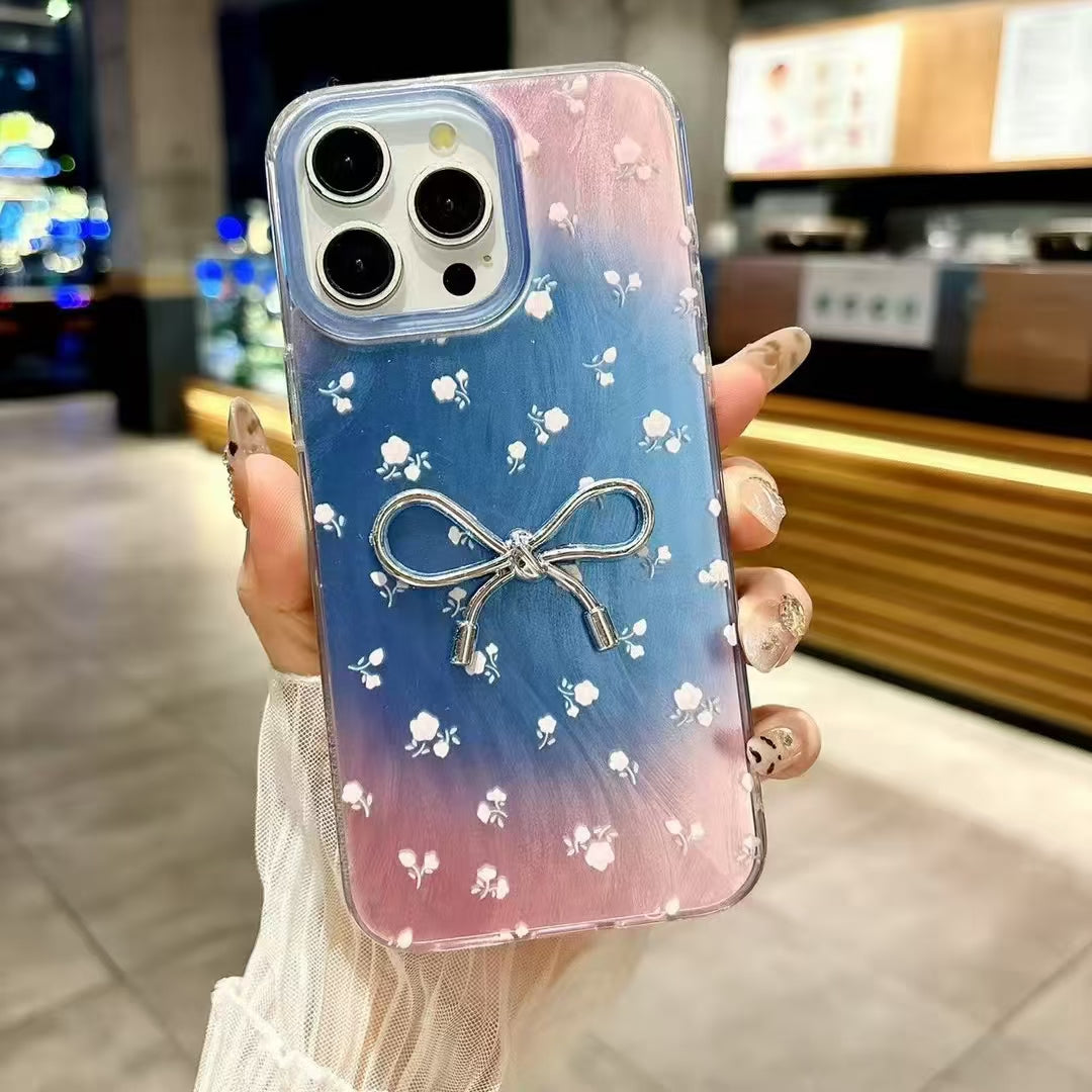 Elegant Bowknot Design Glossy Hand-Painted Style Floral  Pastel Aesthetic IMD Phone Case