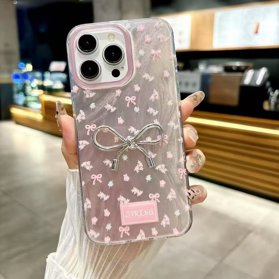 Elegant Bowknot Design Glossy Hand-Painted Style Floral  Pastel Aesthetic IMD Phone Case