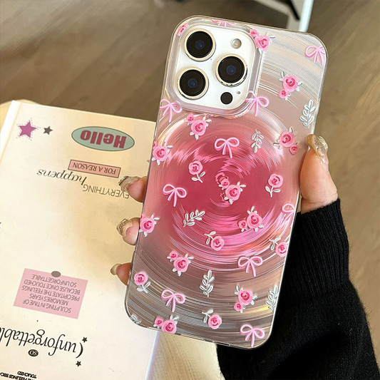Romantic Pink Rose iPhone Case with 3D Floral & Bow Design, Glossy Swirl Effect, Cute & Protective Cover for Girls and Women