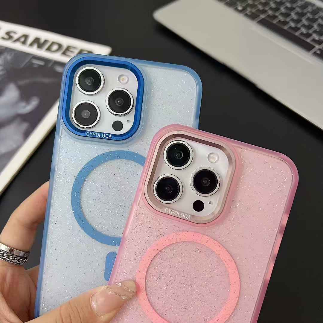 Wholesale Phone Cases | Customizable | Factory Direct Sparkly Glitter iPhone Case with Magnetic Ring | Metal Camera Frame | Magsafe Charging Support | Shockproof Soft Cover