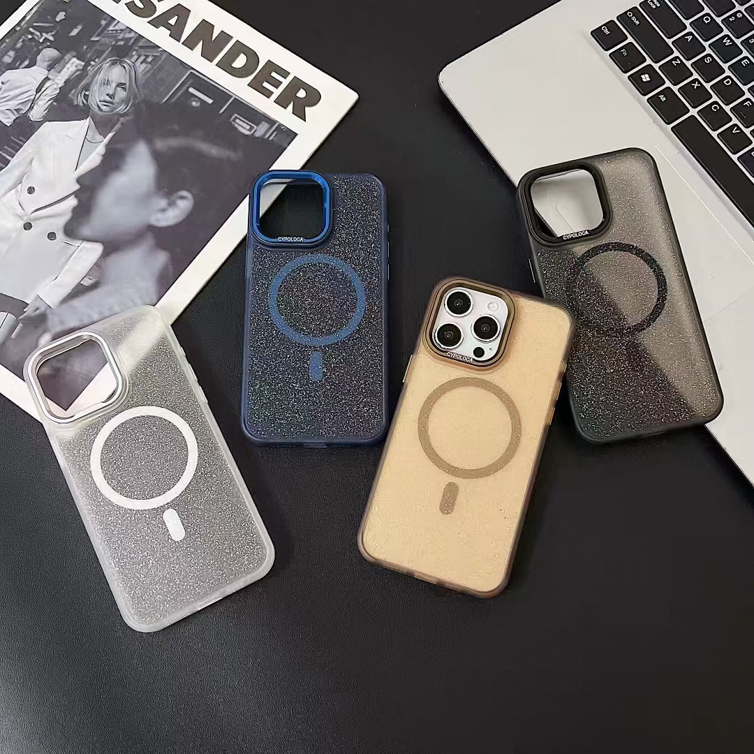 Wholesale Phone Cases | Customizable | Factory Direct Sparkly Glitter iPhone Case with Magnetic Ring | Metal Camera Frame | Magsafe Charging Support | Shockproof Soft Cover