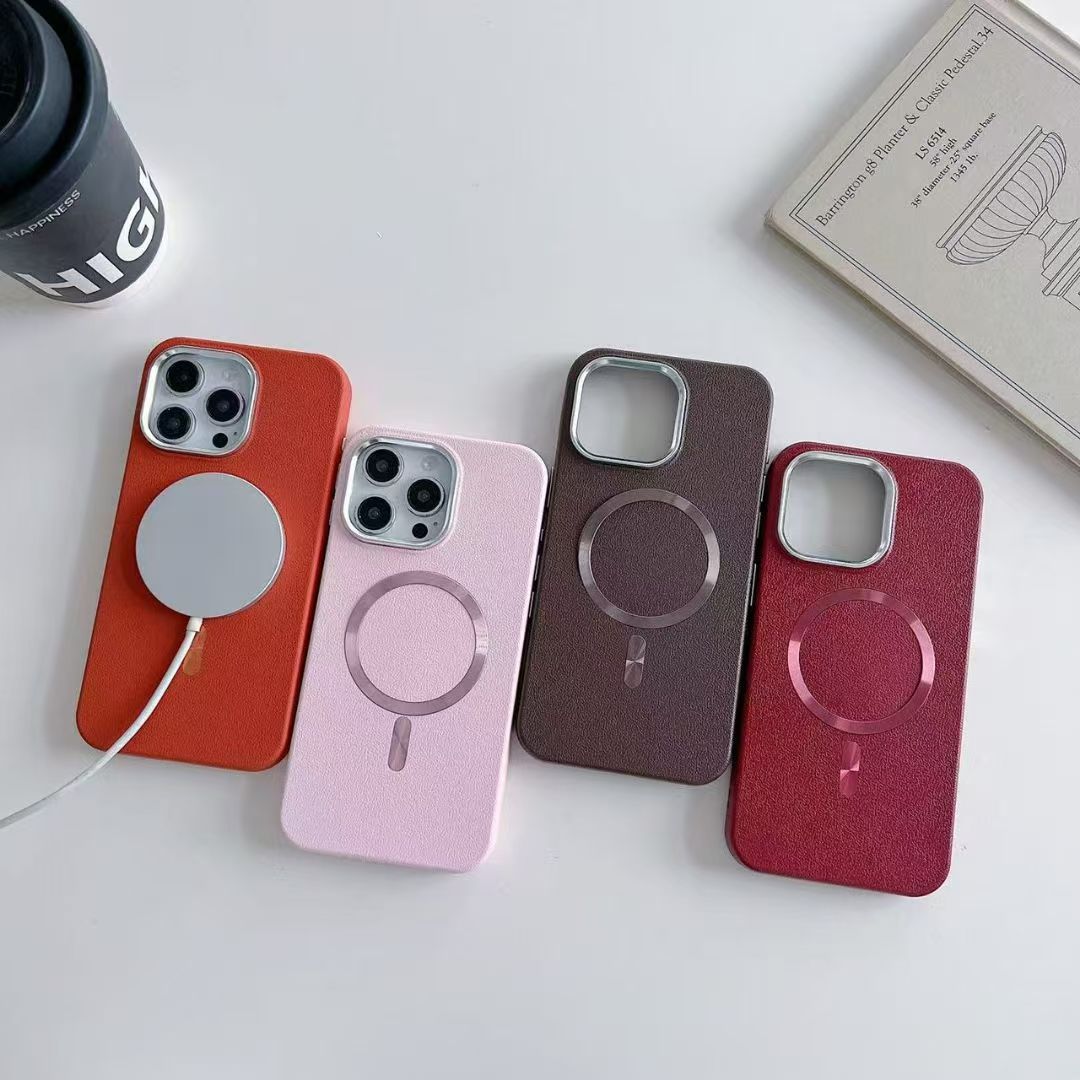 Leather Texture MagSafe Case with CD Pattern Ring Magnetic Charging Compatible Shockproof iPhone Cover