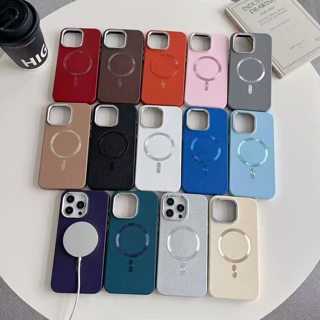 Leather Texture MagSafe Case with CD Pattern Ring Magnetic Charging Compatible Shockproof iPhone Cover