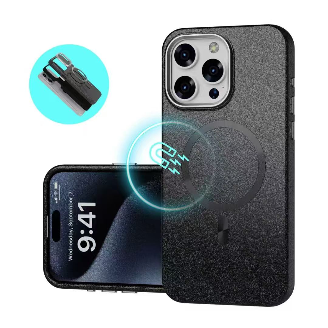 Leather Texture MagSafe Case with CD Pattern Ring Magnetic Charging Compatible Shockproof iPhone Cover