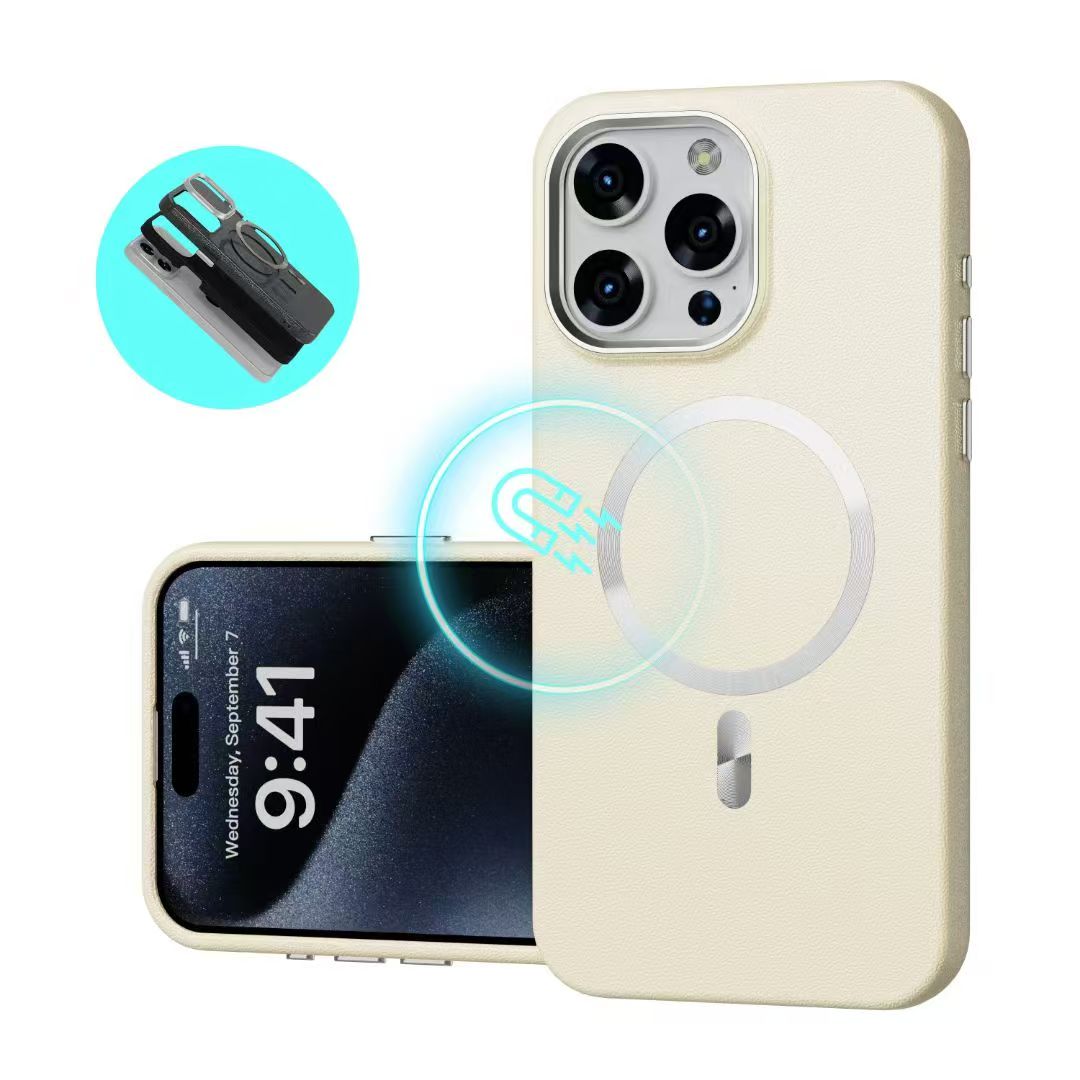 Leather Texture MagSafe Case with CD Pattern Ring Magnetic Charging Compatible Shockproof iPhone Cover