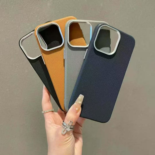 Wholesale Phone Cases Customizable Factory Direct Textured Leather Pattern Phone Case with Metal Camera Ring for iPhone Anti-Slip Shockproof Cover