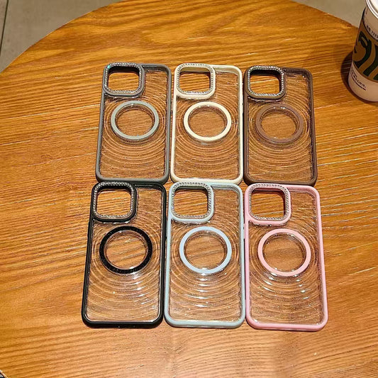 Wholesale Phone Cases Customizable Factory Direct Glitter Clear Magnetic Phone Case with Rhinestone Camera Ring for iPhone Shockproof Bling Cover