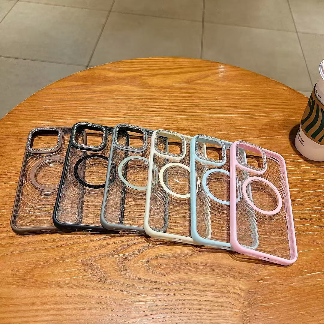 Wholesale Phone Cases Customizable Factory Direct Glitter Clear Magnetic Phone Case with Rhinestone Camera Ring for iPhone Shockproof Bling Cover