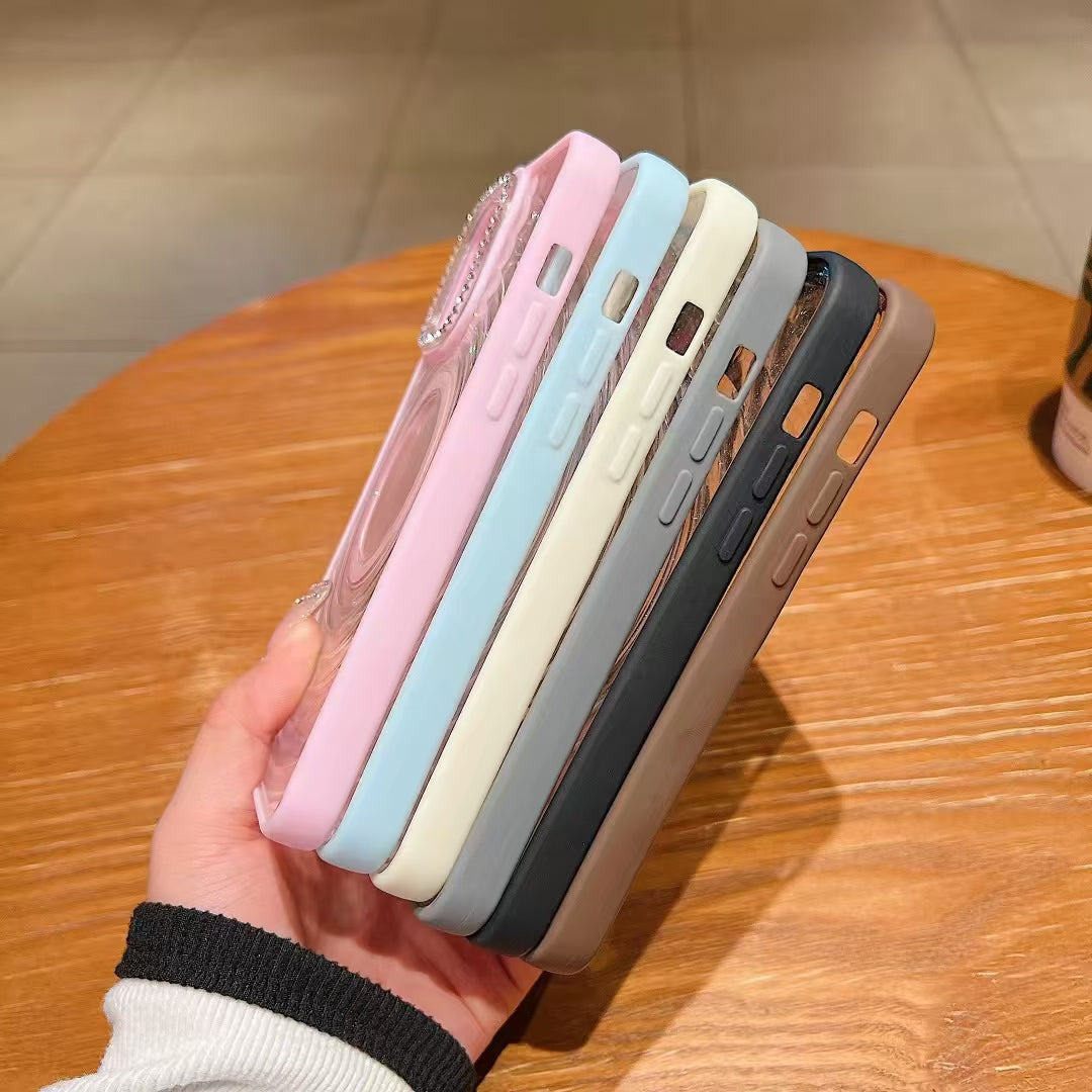 Wholesale Phone Cases Customizable Factory Direct Glitter Clear Magnetic Phone Case with Rhinestone Camera Ring for iPhone Shockproof Bling Cover