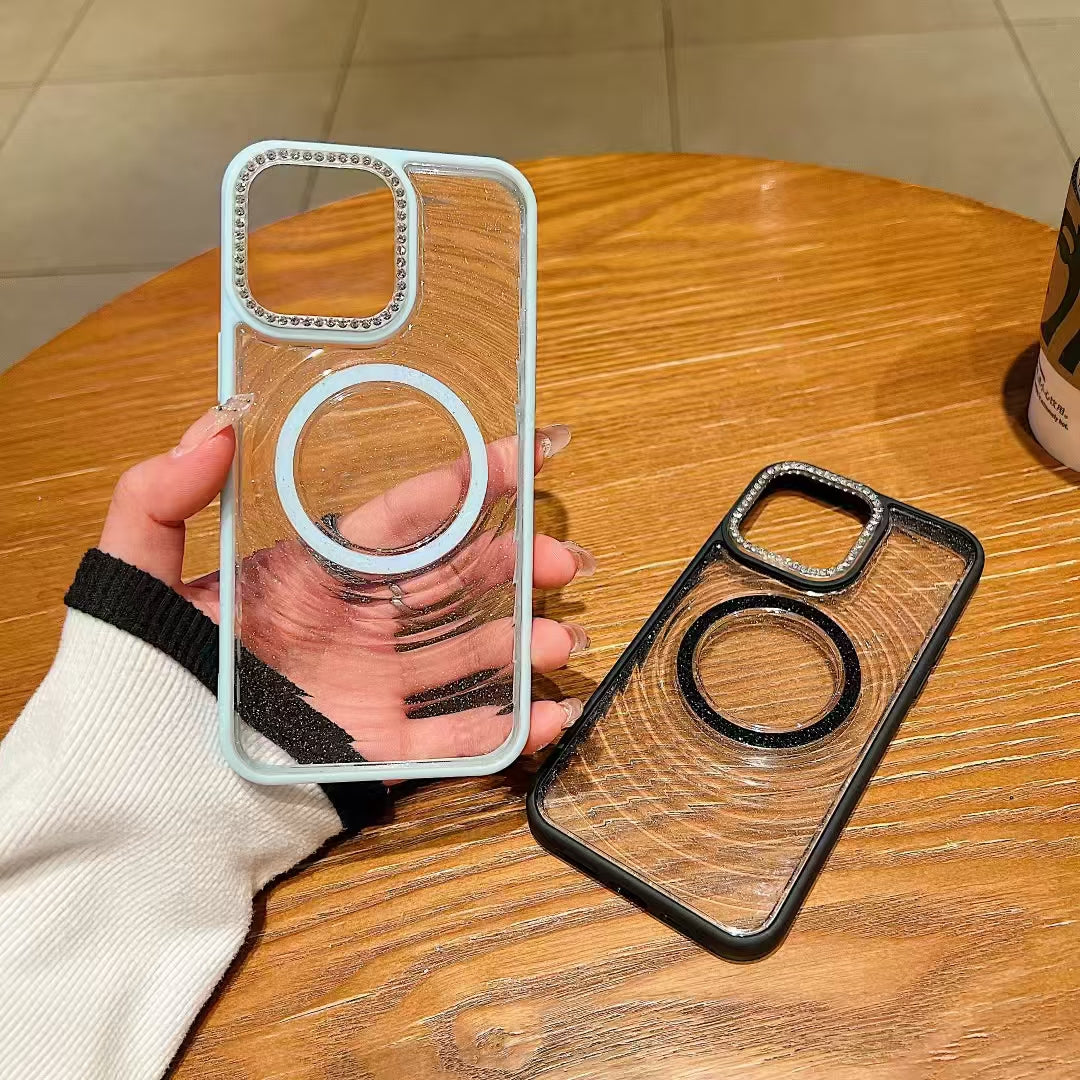 Wholesale Phone Cases Customizable Factory Direct Glitter Clear Magnetic Phone Case with Rhinestone Camera Ring for iPhone Shockproof Bling Cover