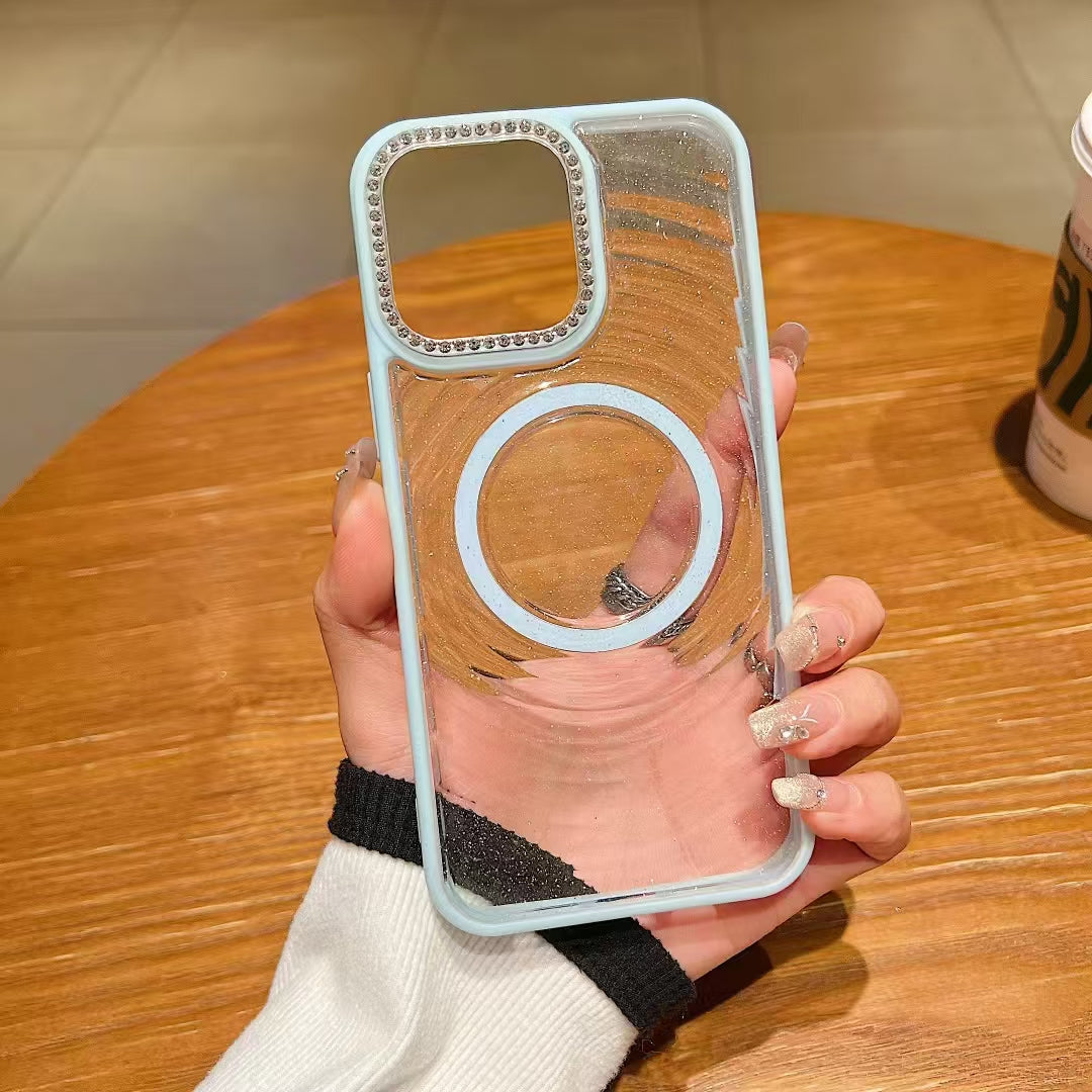 Wholesale Phone Cases Customizable Factory Direct Glitter Clear Magnetic Phone Case with Rhinestone Camera Ring for iPhone Shockproof Bling Cover