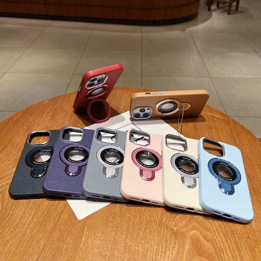 Wholesale Phone Cases Customizable Factory Direct Leather Texture Magnetic Phone Case with Kickstand, Metal Camera Ring & Metal Buttons for iPhone