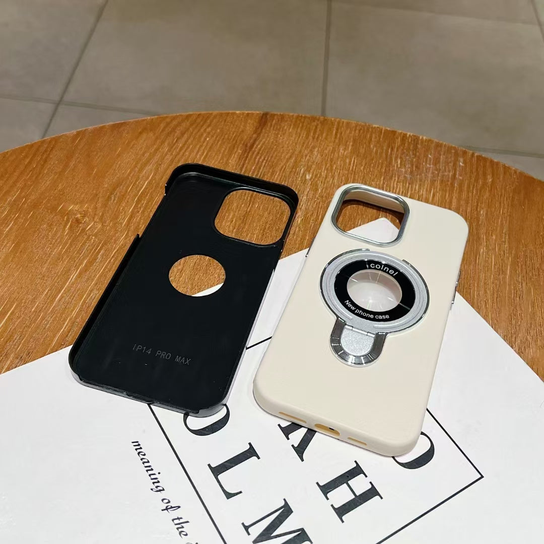 Wholesale Phone Cases Customizable Factory Direct Leather Texture Magnetic Phone Case with Kickstand, Metal Camera Ring & Metal Buttons for iPhone