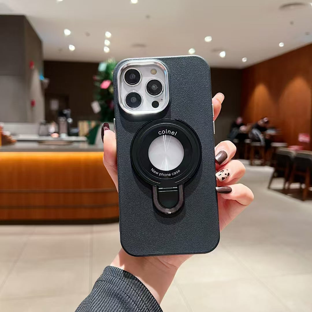 Wholesale Phone Cases Customizable Factory Direct Leather Texture Magnetic Phone Case with Kickstand, Metal Camera Ring & Metal Buttons for iPhone