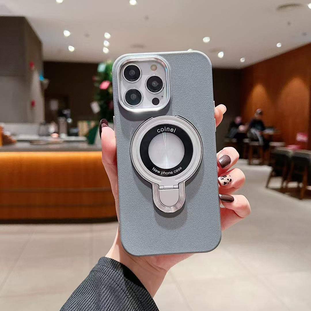 Wholesale Phone Cases Customizable Factory Direct Leather Texture Magnetic Phone Case with Kickstand, Metal Camera Ring & Metal Buttons for iPhone