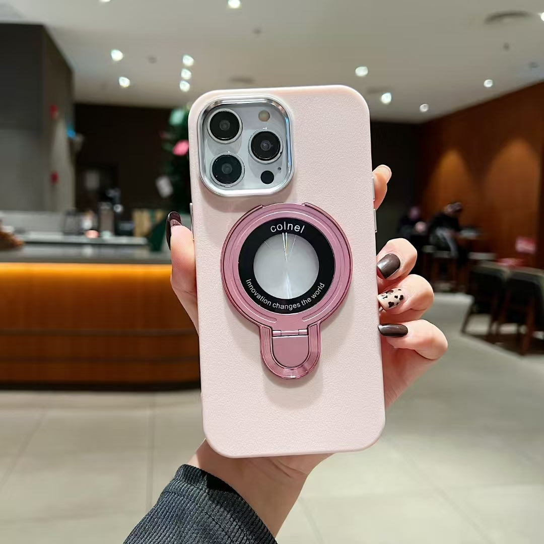 Wholesale Phone Cases Customizable Factory Direct Leather Texture Magnetic Phone Case with Kickstand, Metal Camera Ring & Metal Buttons for iPhone