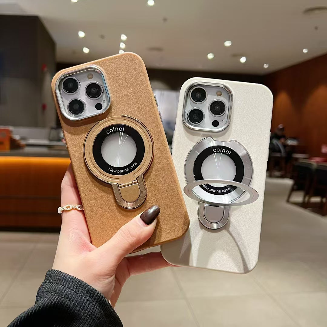 Wholesale Phone Cases Customizable Factory Direct Leather Texture Magnetic Phone Case with Kickstand, Metal Camera Ring & Metal Buttons for iPhone