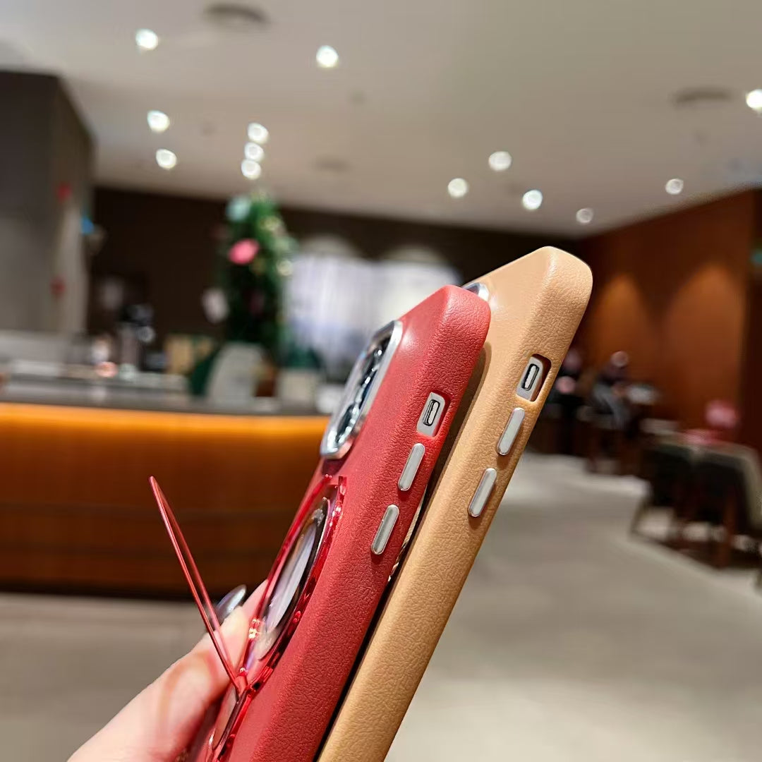 Wholesale Phone Cases Customizable Factory Direct Leather Texture Magnetic Phone Case with Kickstand, Metal Camera Ring & Metal Buttons for iPhone