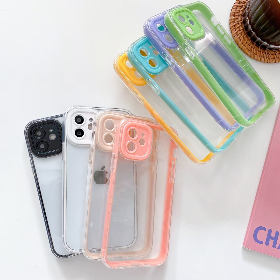 Wholesale Phone Cases | Customizable | Factory Direct – 3-in-1 Acrylic Hard Back Case with Colorful TPU Bumper, Contrast Camera Frame, Shockproof Clear Cover for iPhone