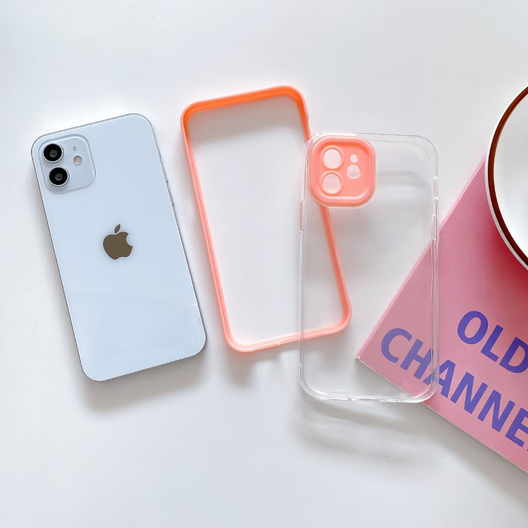 Wholesale Phone Cases | Customizable | Factory Direct – 3-in-1 Acrylic Hard Back Case with Colorful TPU Bumper, Contrast Camera Frame, Shockproof Clear Cover for iPhone