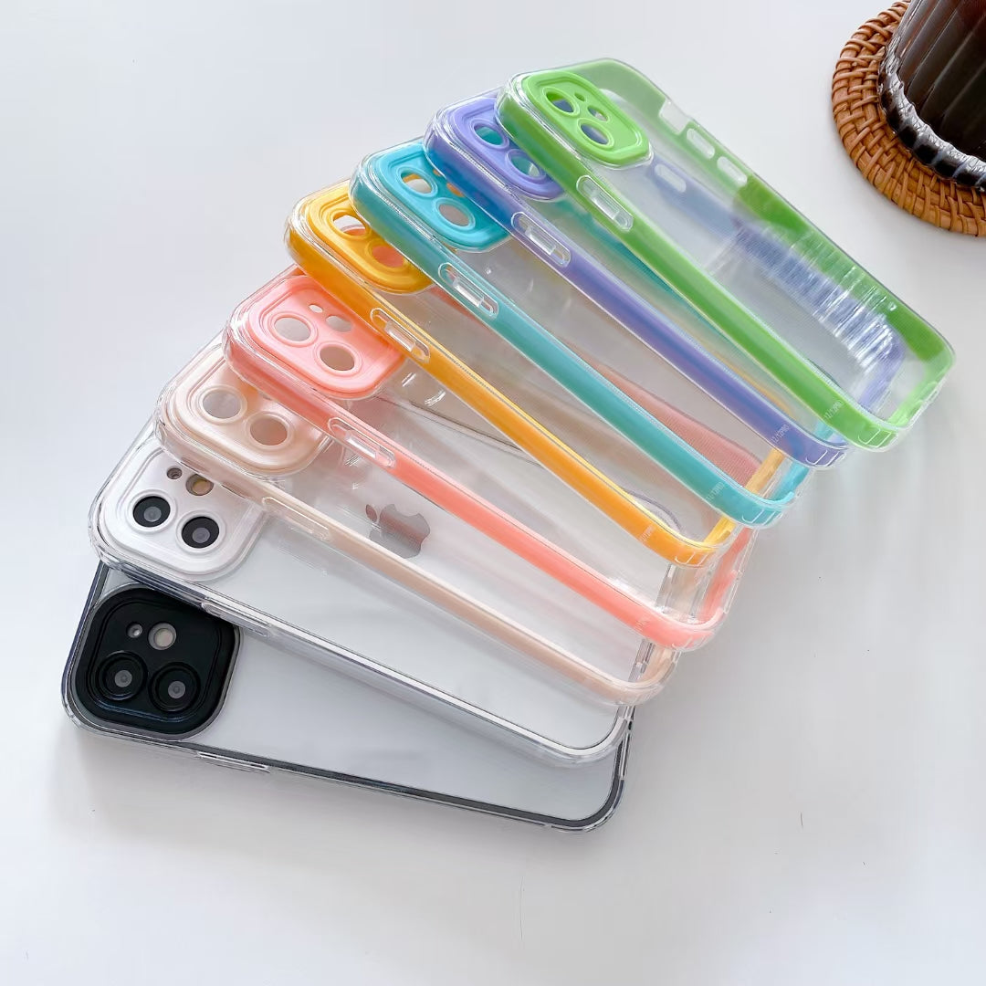 Wholesale Phone Cases | Customizable | Factory Direct – 3-in-1 Acrylic Hard Back Case with Colorful TPU Bumper, Contrast Camera Frame, Shockproof Clear Cover for iPhone