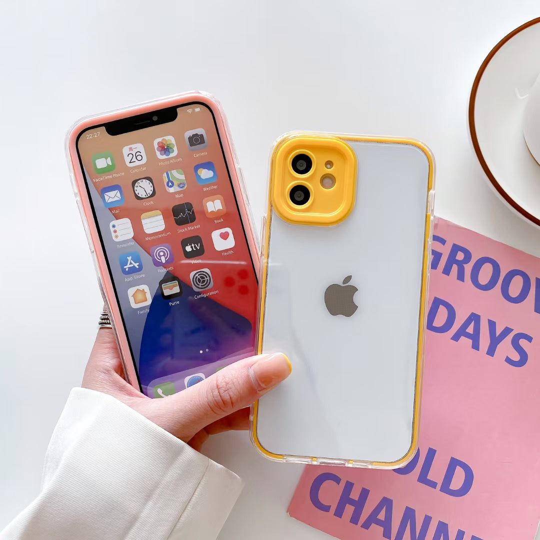 Wholesale Phone Cases | Customizable | Factory Direct – 3-in-1 Acrylic Hard Back Case with Colorful TPU Bumper, Contrast Camera Frame, Shockproof Clear Cover for iPhone