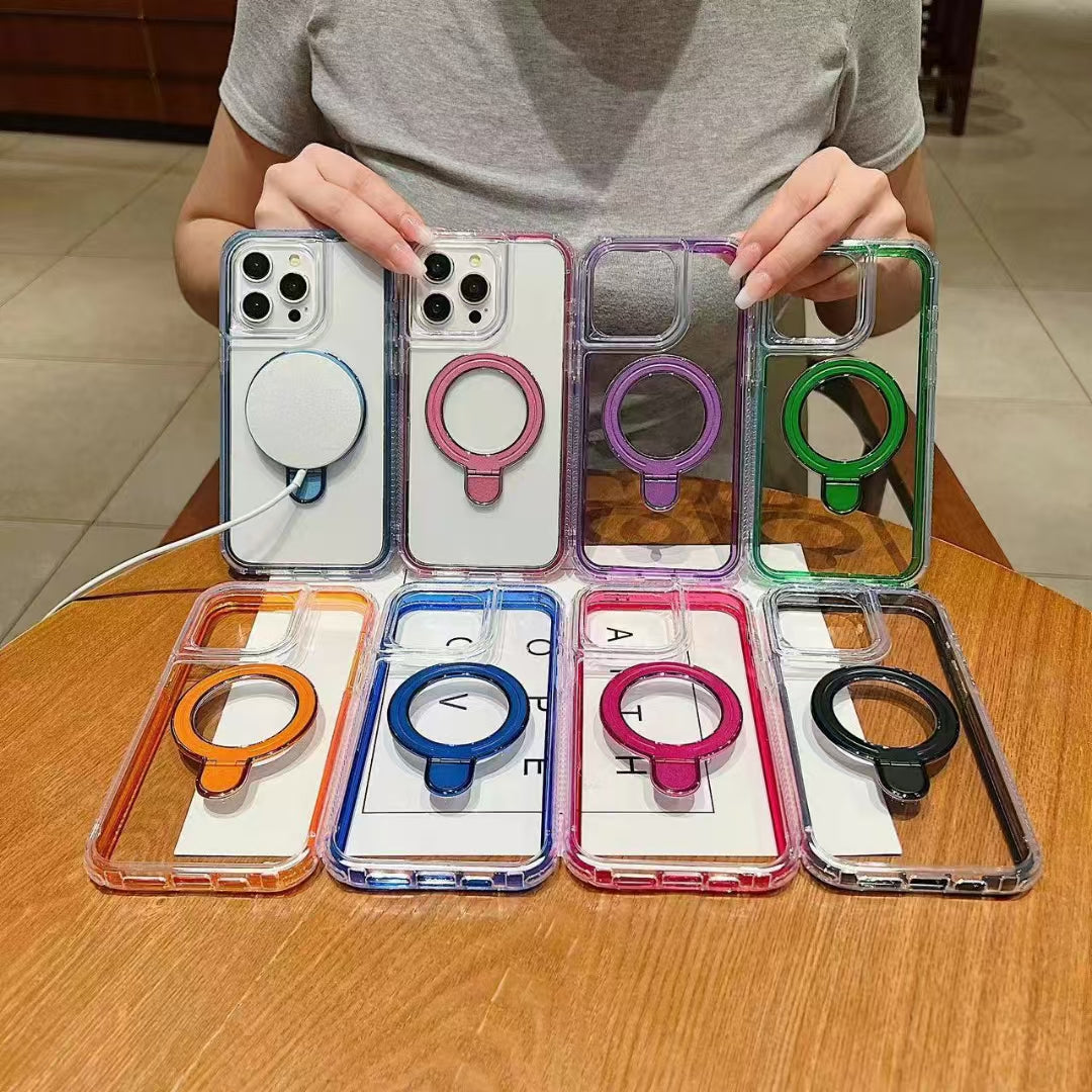 Wholesale Phone Cases | Customizable | Factory Direct – Transparent Acrylic Magnetic Kickstand Case with Color Frame for Samsung Galaxy, Huawei, Xiaomi, OnePlus, OPPO