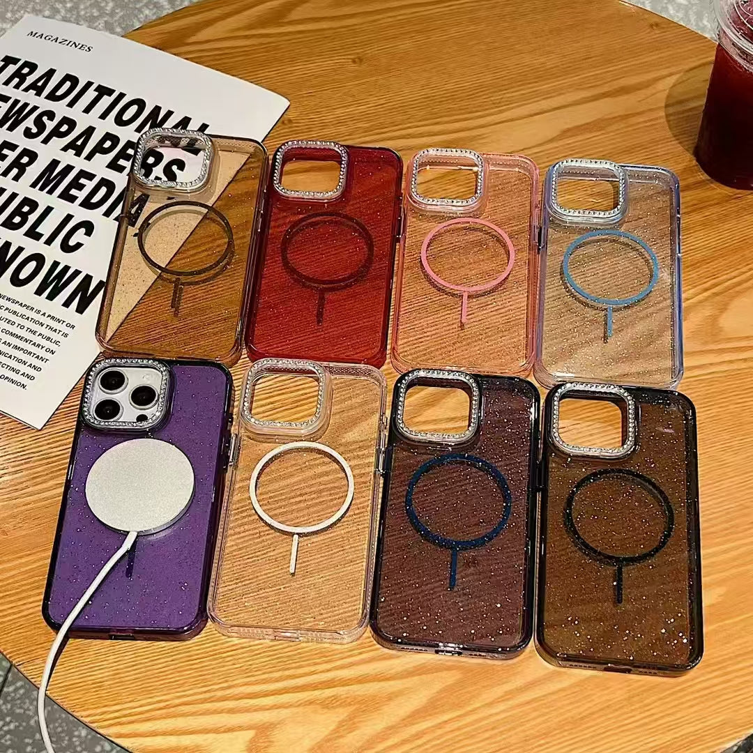 Wholesale Phone Cases Customizable Factory Direct – Clear Glitter Case with Magnetic Ring & Diamond Camera Bumper for Samsung, Xiaomi, Huawei, OPPO