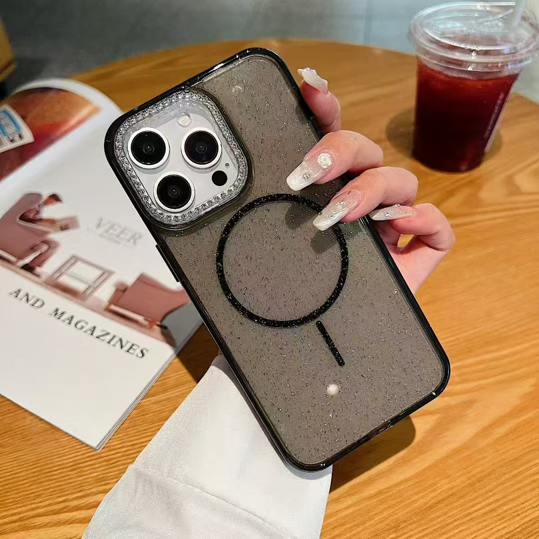 Wholesale Phone Cases Customizable Factory Direct – Clear Glitter Case with Magnetic Ring & Diamond Camera Bumper for Samsung, Xiaomi, Huawei, OPPO