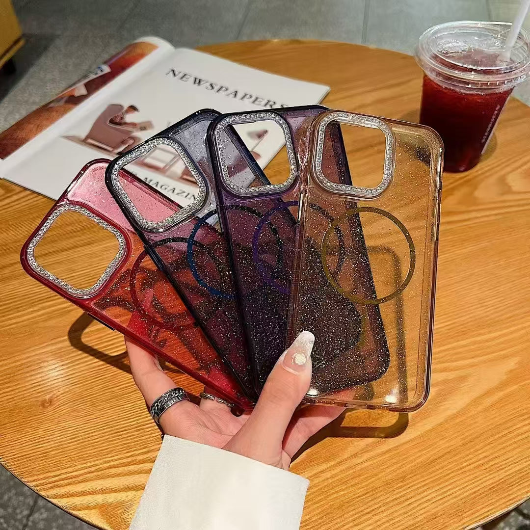 Wholesale Phone Cases Customizable Factory Direct – Clear Glitter Case with Magnetic Ring & Diamond Camera Bumper for Samsung, Xiaomi, Huawei, OPPO