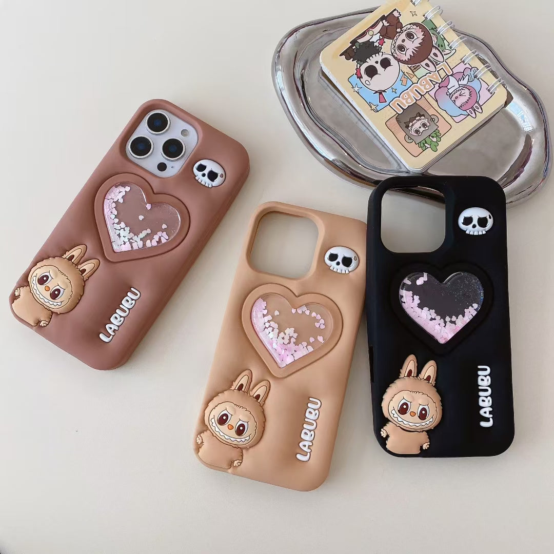 Wholesale Phone Cases Customizable Factory Direct Liquid Glitter Heart Silicone Case with Cute Elf Design for iPhone 15 14 13 12 Pro Max