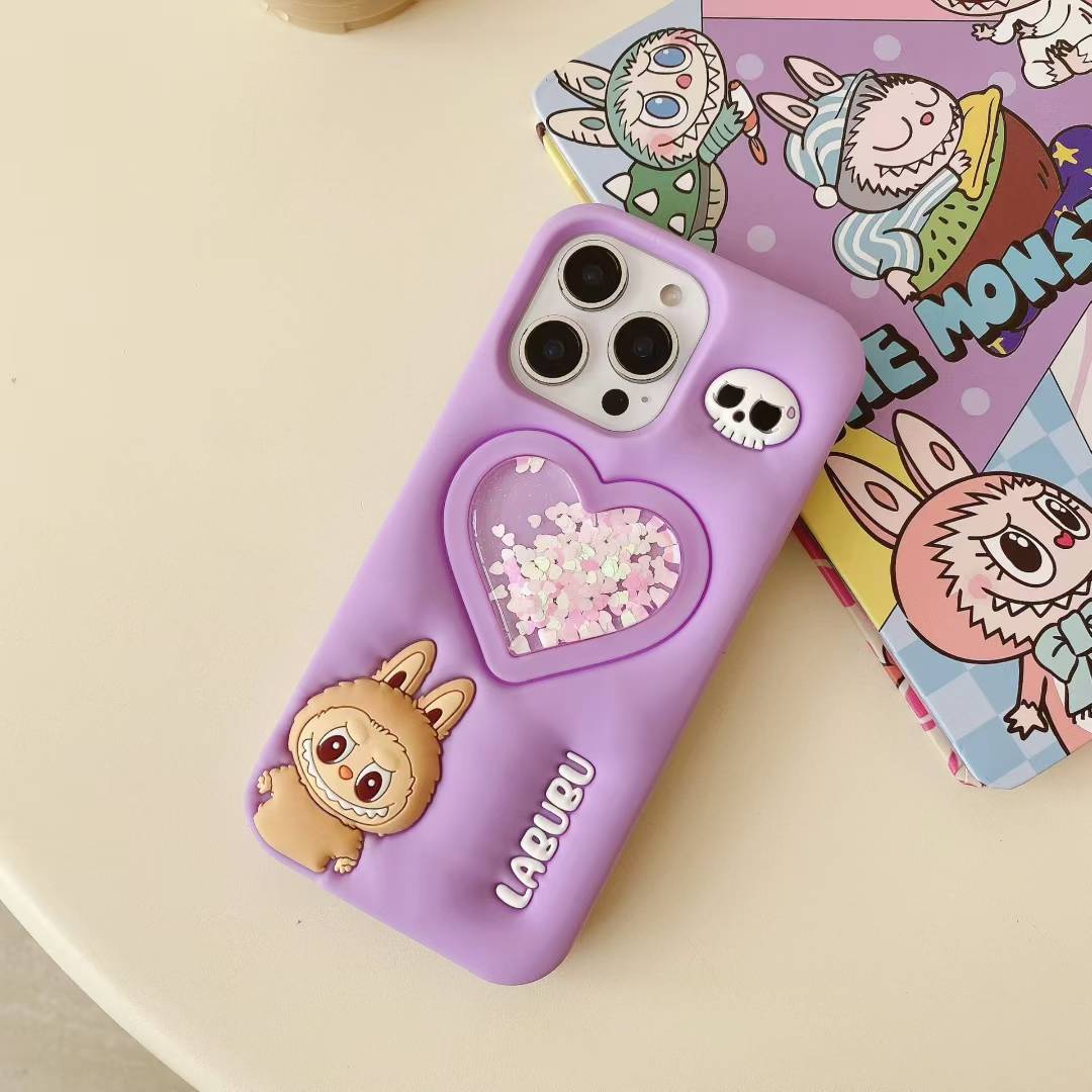 Wholesale Phone Cases Customizable Factory Direct Liquid Glitter Heart Silicone Case with Cute Elf Design for iPhone 15 14 13 12 Pro Max